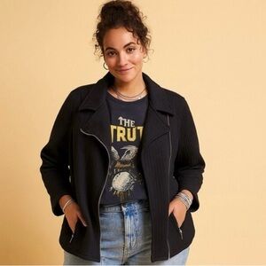 Isaac Mizrahi Black Textured Knit Moto Jacket Size 1X